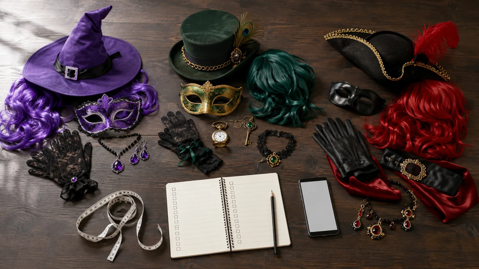 Three coordinated groups of costume hats, wigs, masks and accessories arranged with a shopping checklist