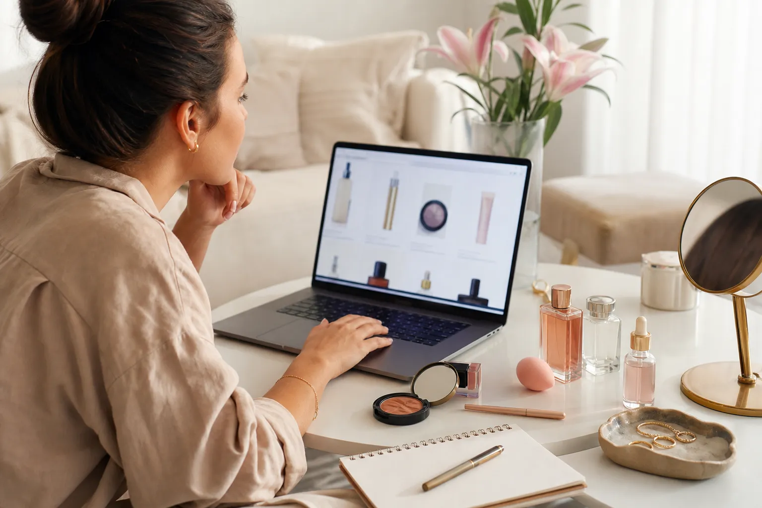 Shopper comparing new beauty products online before making a purchase