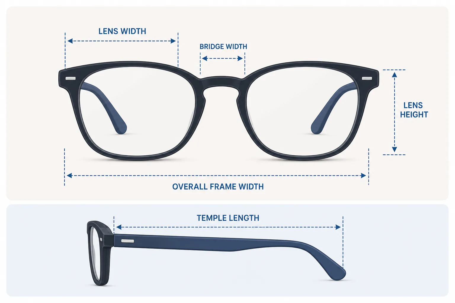 Graphic showing lens width, bridge width, temple length, overall frame width, and lens height on eyeglasses