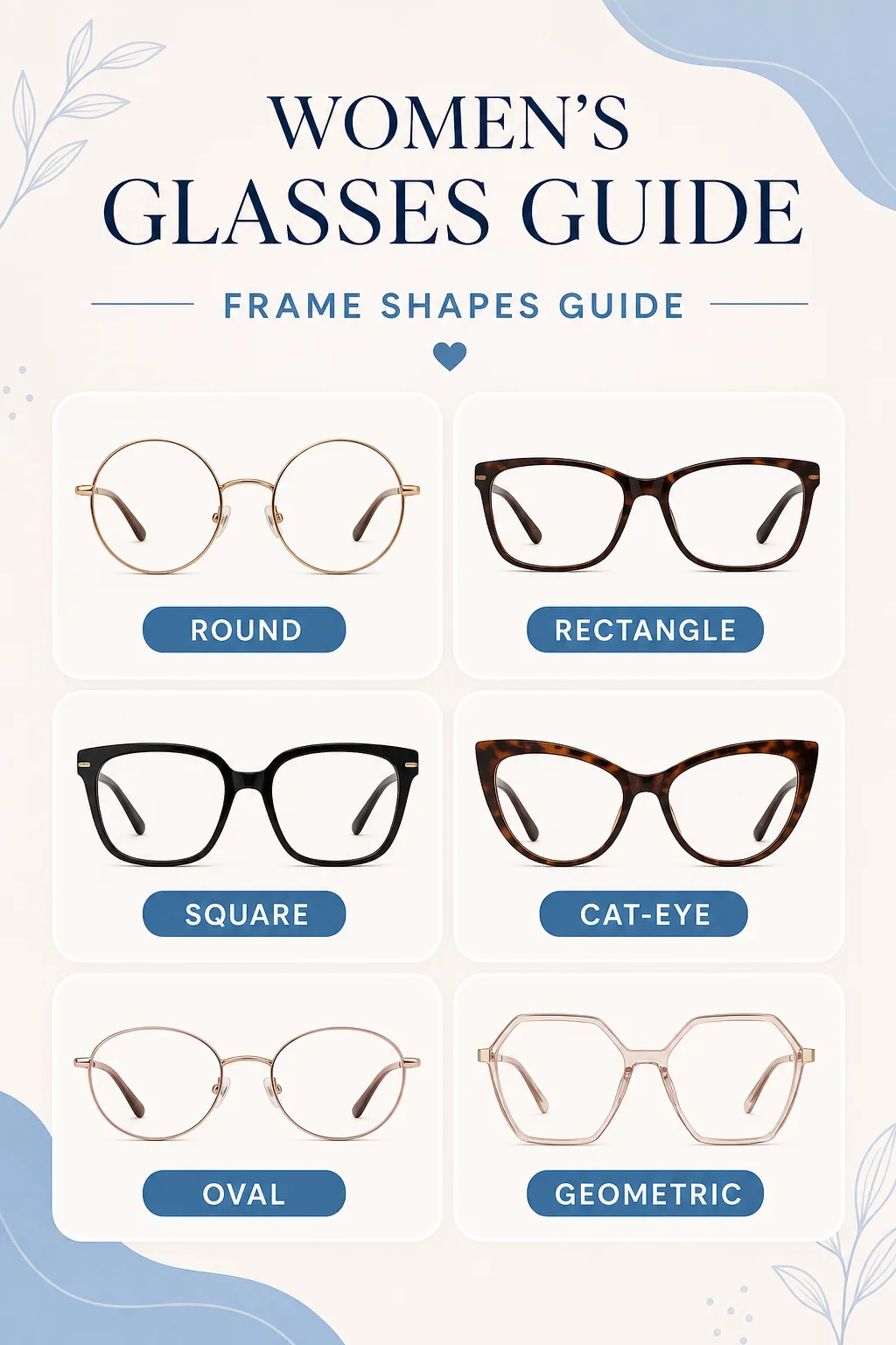 Graphic guide comparing round, rectangle, square, cat-eye, oval, and geometric eyeglass frame shapes