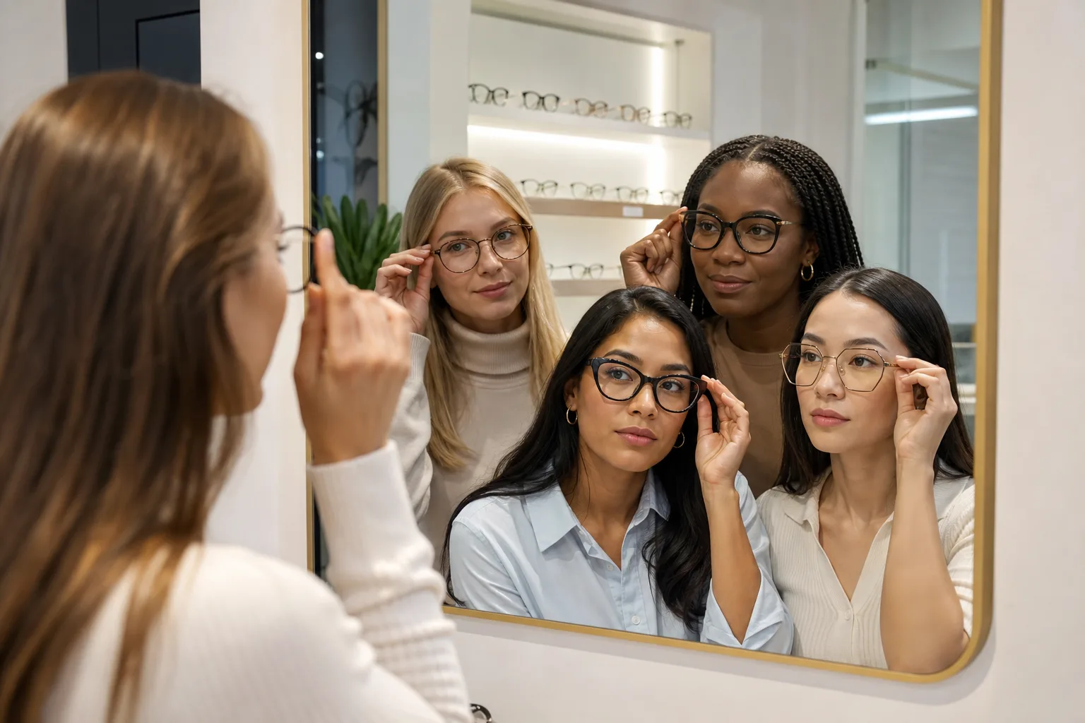 Women comparing different eyeglass frame shapes and styles